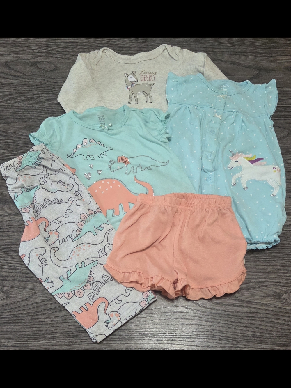 Toddler Girls 5-Piece Pajama Set with Unicorn & Dinosaur Prints - Aqua & Peach